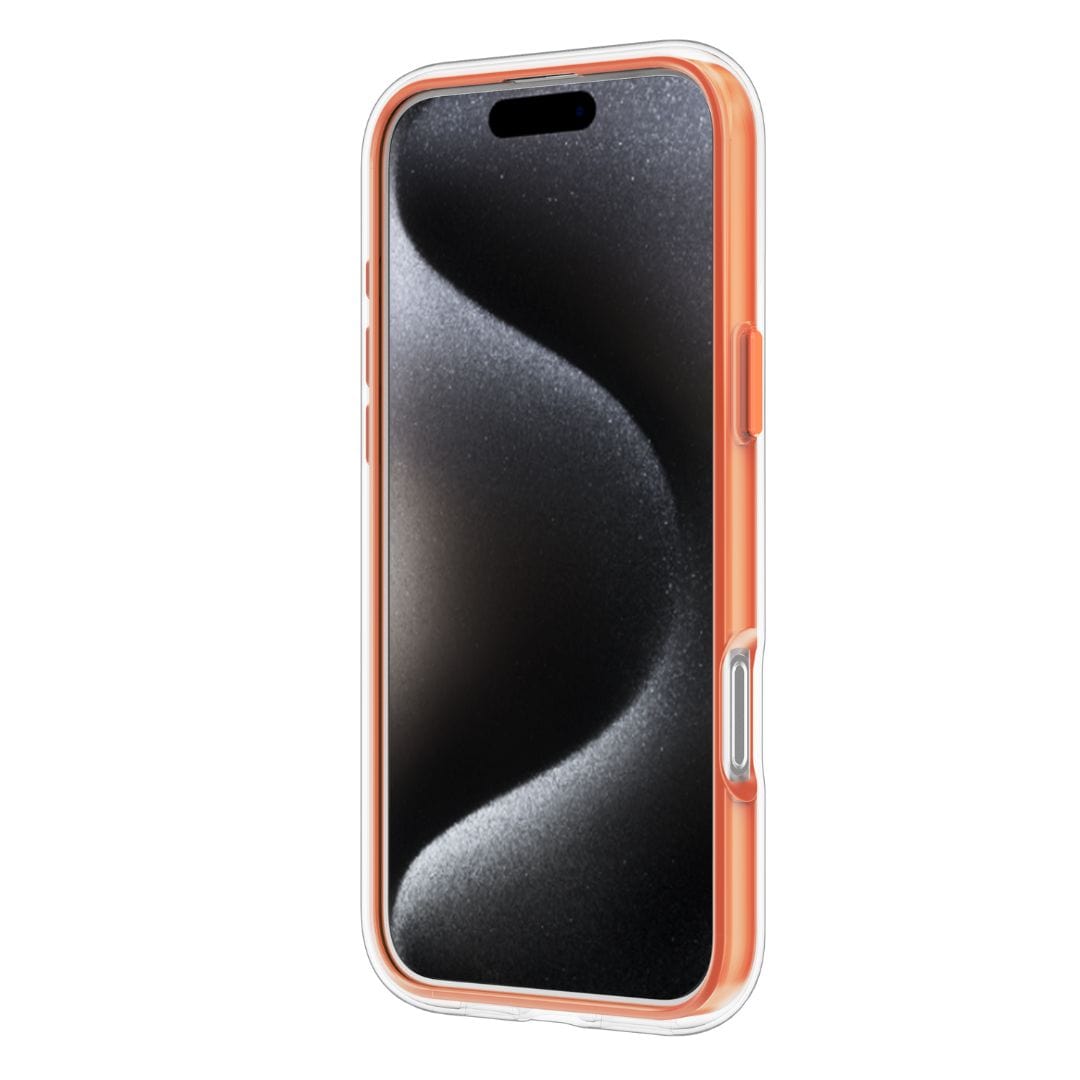 Introducing the Raptic Airjoy with 360 Kickstand for iPhone 16 Pro Max, a smartphone featuring a sleek design complemented by a dark, wavy pattern on the screen. It is encased in a dual-layer case with an orange interior and clear outer layer that provides superior shock absorption. The case also includes a versatile 360-degree rotating kickstand, side volume buttons, power button, and a camera cutout positioned at the top center.