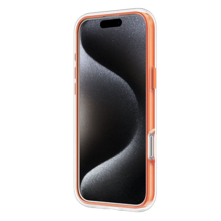Introducing the Raptic Airjoy with 360 Kickstand for iPhone 16 Pro Max, a smartphone featuring a sleek design complemented by a dark, wavy pattern on the screen. It is encased in a dual-layer case with an orange interior and clear outer layer that provides superior shock absorption. The case also includes a versatile 360-degree rotating kickstand, side volume buttons, power button, and a camera cutout positioned at the top center.