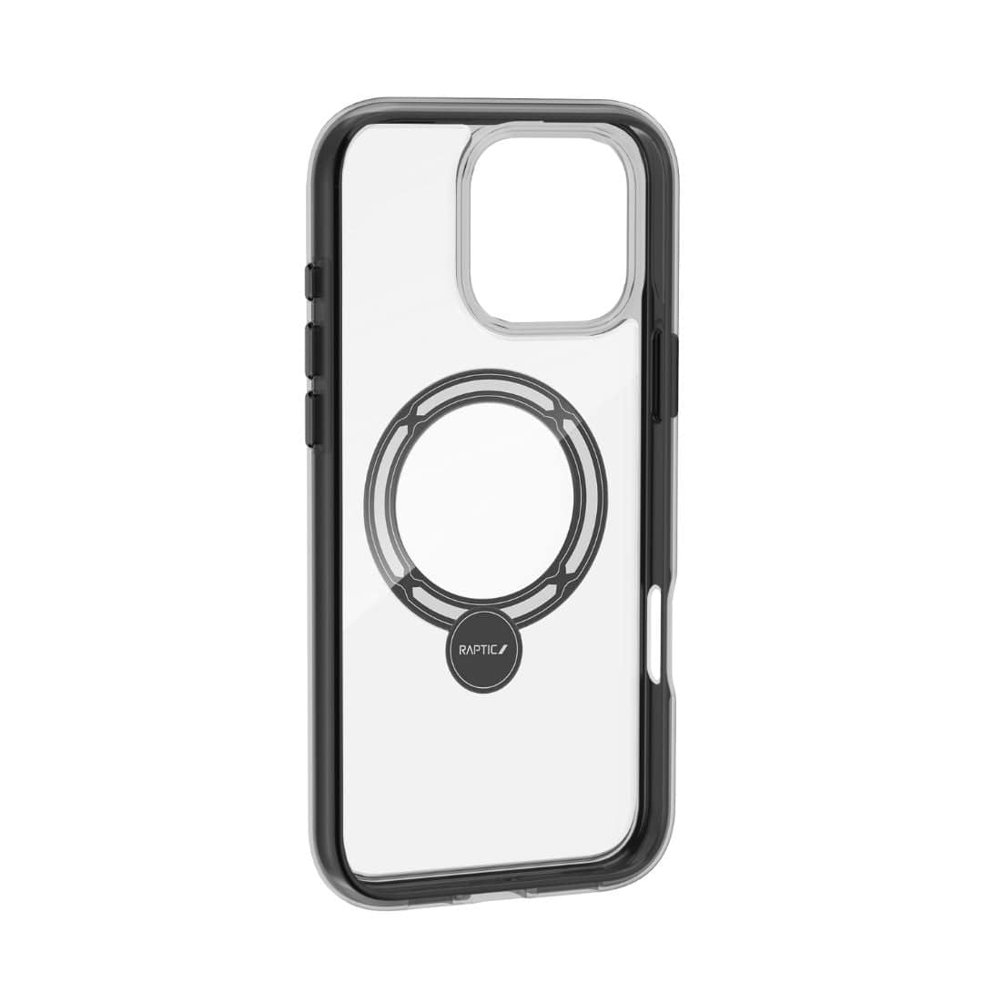 The Raptic Airjoy with 360 Kickstand for iPhone 16 Pro Max is a transparent phone case featuring a black outer rim and rounded edges. It offers shock absorption and air bumpers, and includes a circular magnetic ring in the center for magnetic accessories. Button covers for volume and power control are located on the left side, with an opening at the top for the camera. The brand name "Raptic" is prominently displayed on the magnetic ring.