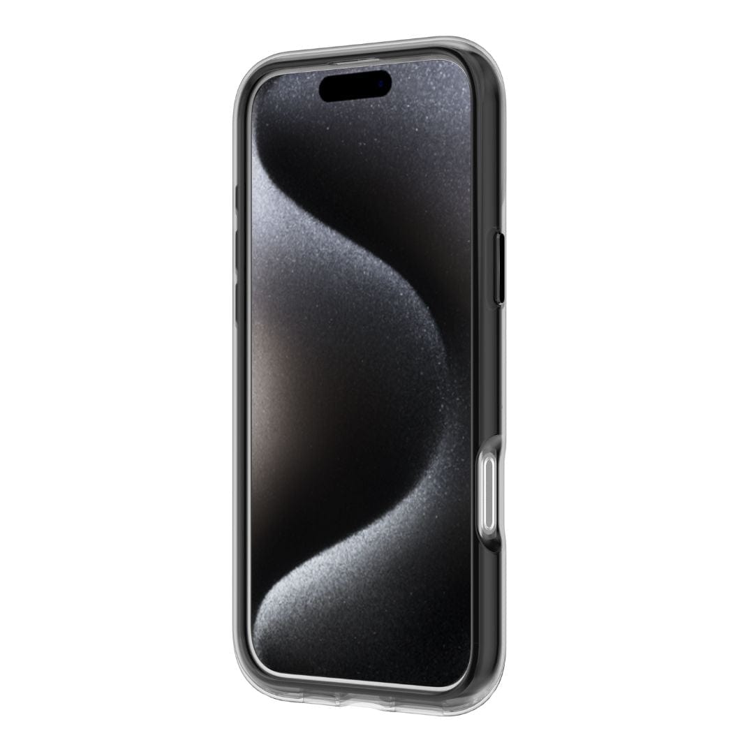 The Raptic Airjoy with 360 Kickstand for iPhone 16 Pro Max, a modern smartphone with a sleek, black design, is displayed. The phone boasts slightly rounded edges and a thin profile. Its screen is illuminated, showcasing a minimalistic, abstract wallpaper with smooth, wave-like patterns in shades of black and grey. A clear Raptic protective case featuring air bumpers encases the device for enhanced shock absorption with precise cutouts for the Camera Control button.