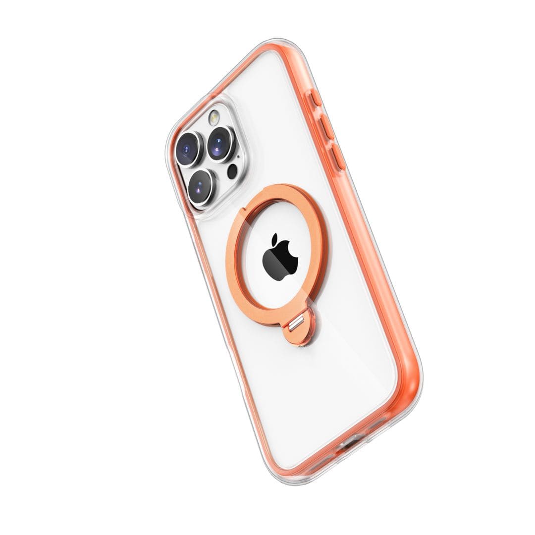 The Raptic Airjoy with 360 Kickstand for iPhone 16 Pro Max is shown fitted on a smartphone, featuring a transparent design with orange accents and a built-in 360-degree rotating kickstand. The ring holder is positioned around the Apple logo on the back of the phone. The phone's camera module, featuring multiple lenses and Air Bumpers for shock absorption, is visible at the top left corner.