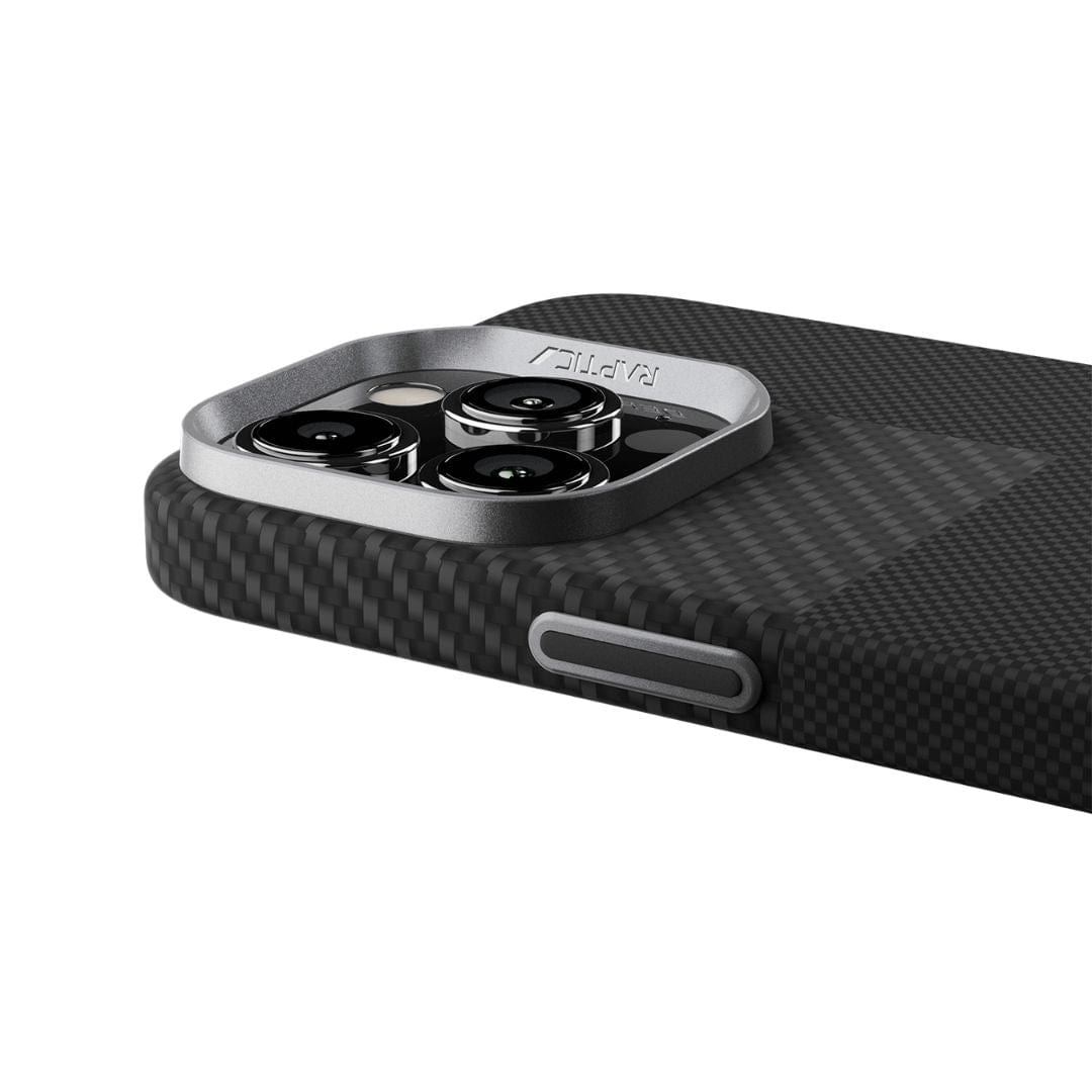 Close-up of the Raptic Aramid Fibre Mondrian case for iPhone 16 Pro/Max in textured black carbon fiber with MagSafe support. A metallic camera ring, raised module, and side button highlight its subtle checkered pattern.