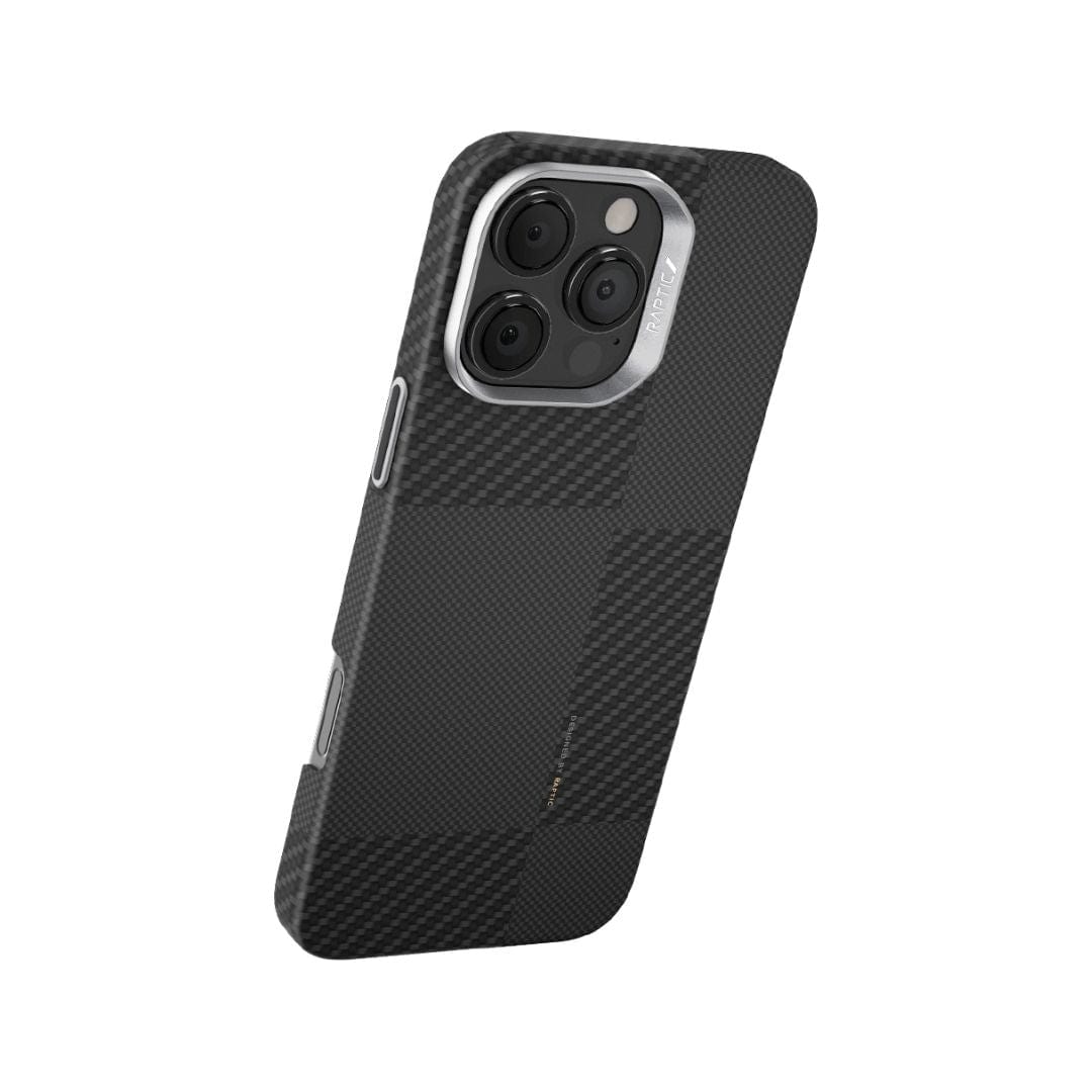 The Raptic Aramid Fibre Mondrian for iPhone 16 Pro/Max is a black, lightweight case with a carbon fiber texture, subtle checkered pattern, and precise cutouts for three rear cameras—shown against a white background.