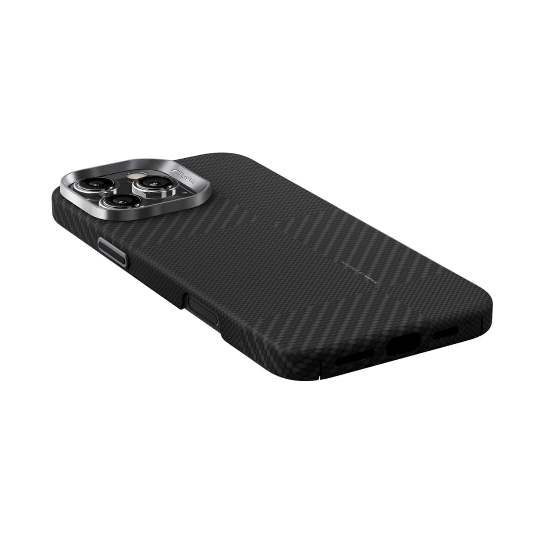 A close-up of an iPhone 16 Pro in the slim, black Raptic Aramid Fibre Mondrian case shows the metallic camera module, side buttons, ports, and MagSafe compatibility for a sleek, minimalist look.