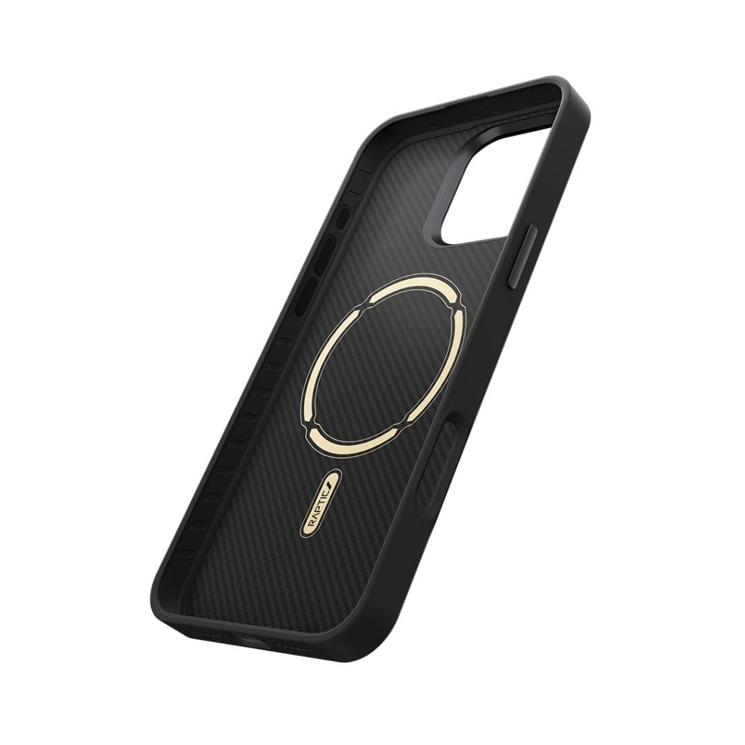Introducing the Raptic Aramid Fibre for iPhone 16 Pro, a stylish black case designed with precision. This Raptic accessory showcases a sophisticated carbon fiber texture paired with a metallic gold ring, ensuring MagSafe compatibility. It boasts precise cutouts for buttons and the camera, providing excellent protection without sacrificing functionality.