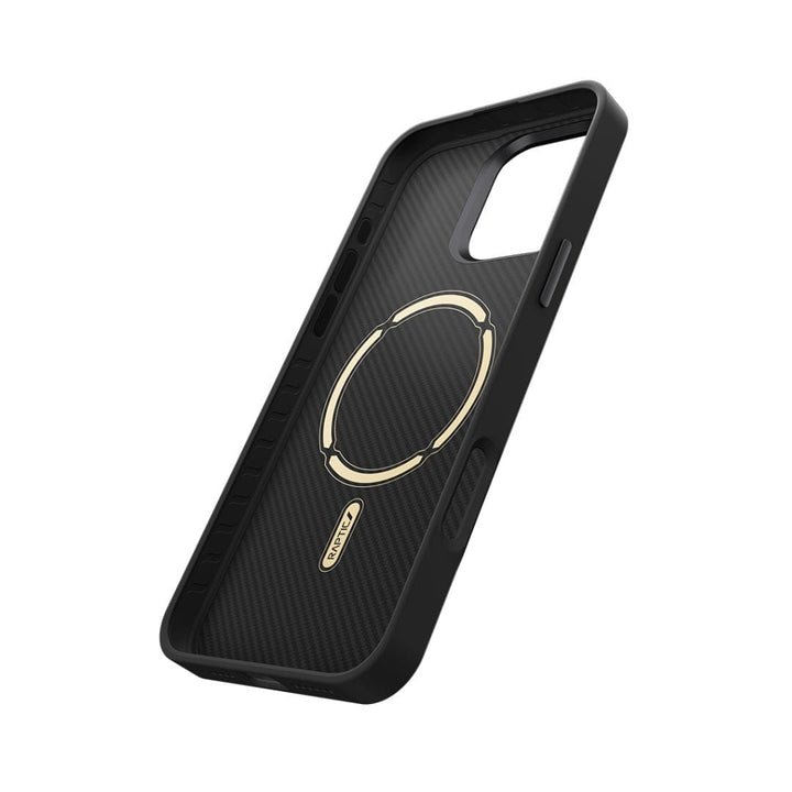 Introducing the Raptic Aramid Fibre for iPhone 16 Pro, a stylish black case designed with precision. This Raptic accessory showcases a sophisticated carbon fiber texture paired with a metallic gold ring, ensuring MagSafe compatibility. It boasts precise cutouts for buttons and the camera, providing excellent protection without sacrificing functionality.