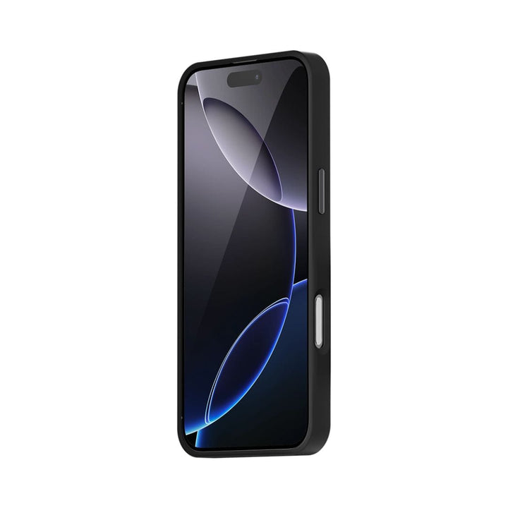 A smartphone encased in the Raptic Aramid Fibre for iPhone 16 Pro is displayed at an angled side view. The screen features abstract blue and black curved lines against a dark background, and two buttons are visible on the side of this device, highlighting its effortless MagSafe compatibility.