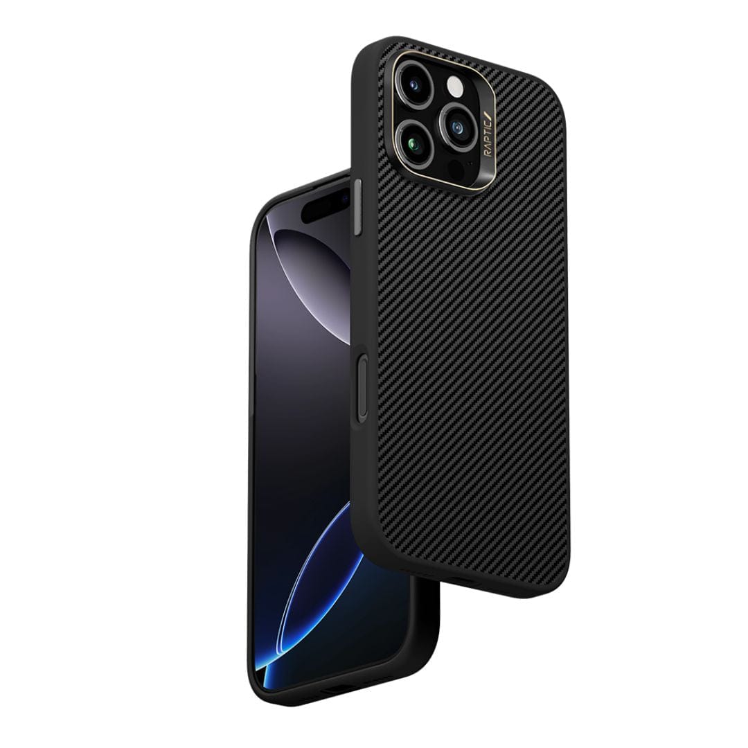 A black textured iPhone case and phone are depicted in the image. The Raptic Aramid Fibre Case for the iPhone 16 Pro features a diagonal stripe design with precise cutouts for the camera and buttons. It is compatible with MagSafe, while the phone screen displays a minimalist abstract wallpaper featuring curved blue lines on a dark background.