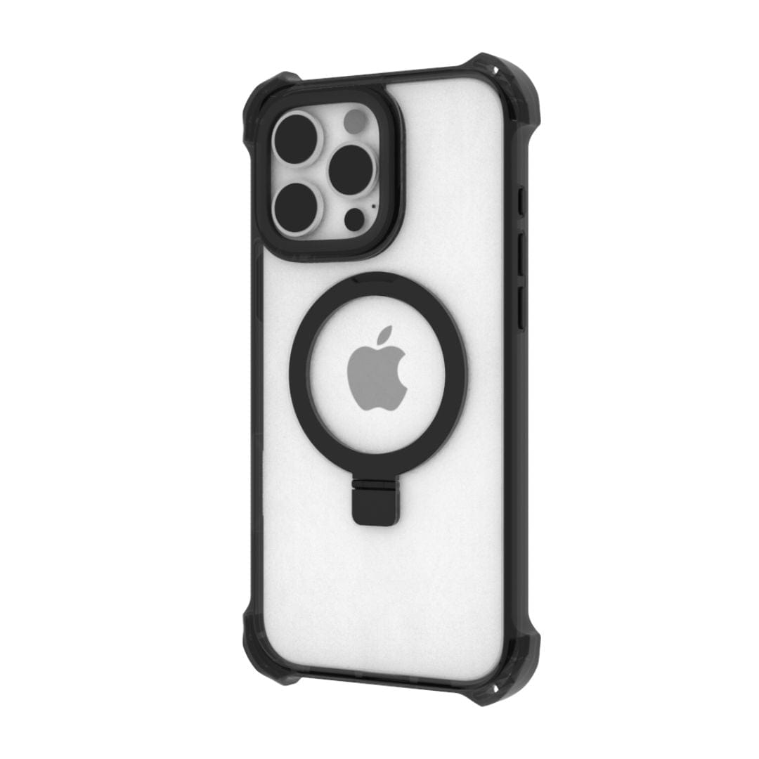 The Raptic Dual Impact Kickstand Case for iPhone 16 Pro is displayed in clear with a black bumper and rounded corners. It offers ultimate drop protection with reinforced edges. The case includes a MagSafe-compatible ring and showcases a visible Apple logo on the back. The camera cutout is designed to accommodate three lenses and a flash.