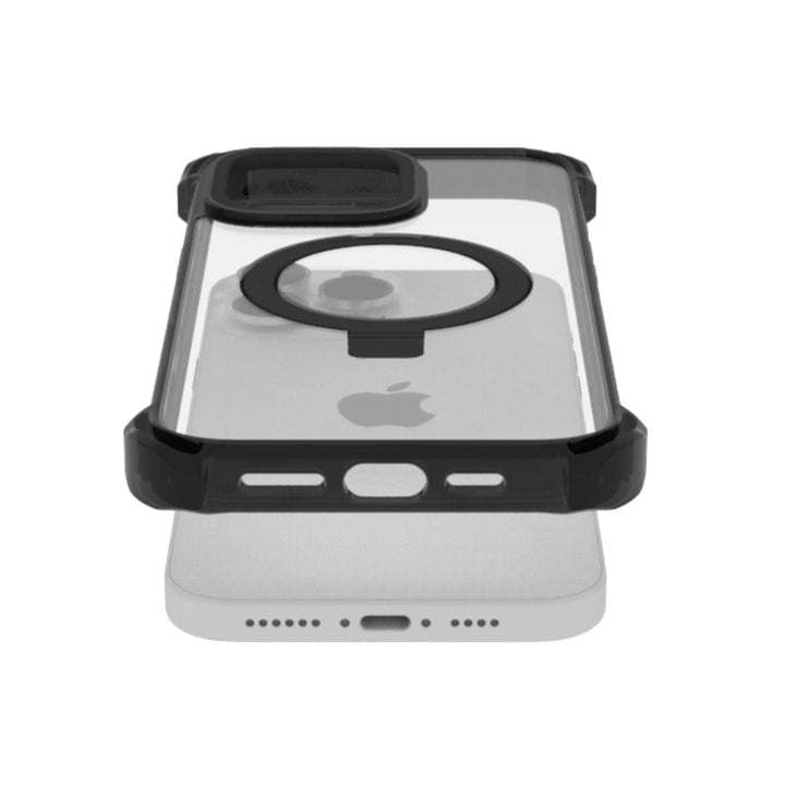 A Raptic Dual Impact Kickstand Case for iPhone 16 Pro, featuring a clear design with black edges, is seen placed over a white smartphone. The case showcases a circular cutout for the camera and a rectangular cutout for other components on the back. It includes additional reinforced corners for ultimate drop protection and precise cutouts for charging ports and buttons.