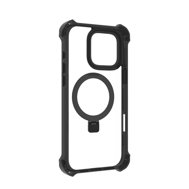 The Raptic Dual Impact Kickstand Case for iPhone 16 Pro from Raptic is a rugged black case featuring reinforced corners for ultimate drop protection. The back is transparent with a black circular design, resembling a MagSafe-compatible feature, and includes a small tab at the bottom. It also provides easy access to ports and buttons and has textured sides for improved grip.