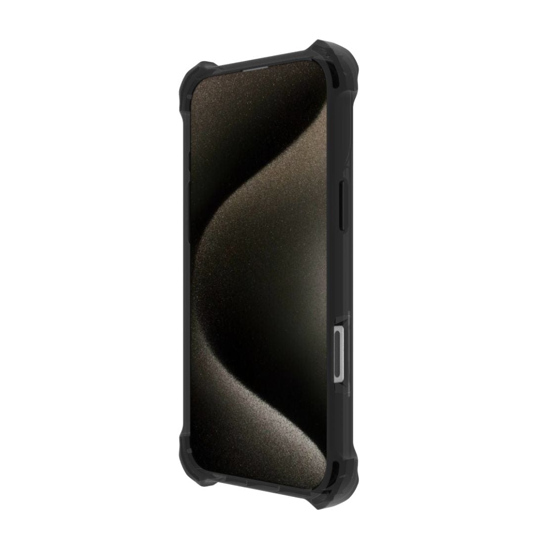 A smartphone encased in a rugged black Raptic Dual Impact Kickstand Case for iPhone 16 Pro is shown at a slight angle. The screen displays a dark, abstract background with curved lines. The MagSafe-compatible case from Raptic features reinforced corners and cutouts for buttons and ports, emphasizing its robust design for ultimate drop protection and enhanced durability.