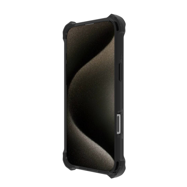 A smartphone encased in a rugged black Raptic Dual Impact Kickstand Case for iPhone 16 Pro is shown at a slight angle. The screen displays a dark, abstract background with curved lines. The MagSafe-compatible case from Raptic features reinforced corners and cutouts for buttons and ports, emphasizing its robust design for ultimate drop protection and enhanced durability.