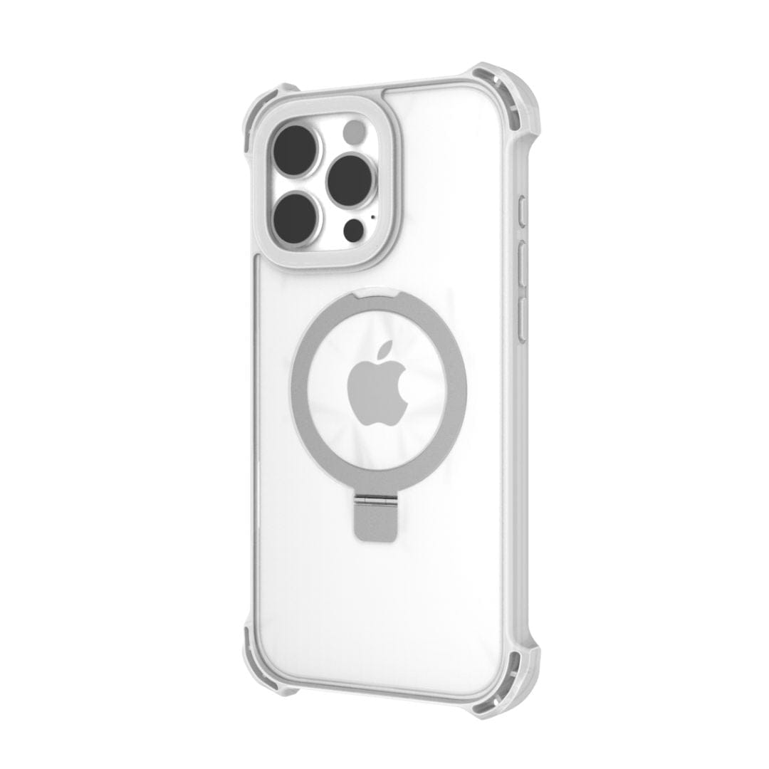 The Raptic Dual Impact Kickstand Case for iPhone 16 Pro is displayed, featuring a clear design with gray accents and reinforced corners for ultimate drop protection. It prominently showcases a circular MagSafe ring in the center, tailored for compatibility with Apple's wireless charging system. Additionally, the bottom edge includes raised sections for added protection.