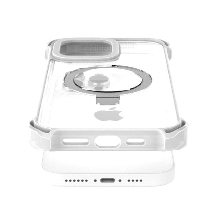 The Raptic Dual Impact Kickstand Case for iPhone 16 Pro by Raptic is a clear case featuring reinforced corners and an integrated circular metal ring on the back, designed for mounting or holding. This MagSafe-compatible case provides ultimate drop protection while offering functionality for ease of use, showcased on a white background.