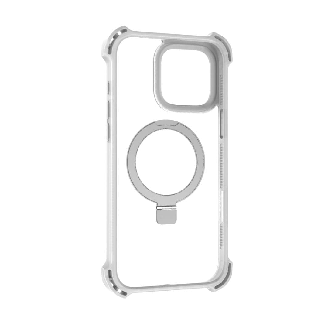 The Raptic Dual Impact Kickstand Case for iPhone 16 Pro by Raptic offers ultimate drop protection with reinforced corners and a prominent MagSafe-compatible ring in the center. It features precise cutouts for buttons, the camera, and ports, as well as a textured grip along the sides for added security. The minimalist design showcases the phone's original look perfectly.