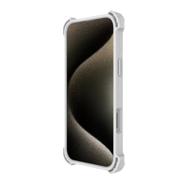 A sleek iPhone 16 Pro encased in a rugged, white Raptic Dual Impact Kickstand Case with Ultimate Drop Protection and reinforced corners. The phone's screen displays a dark, wavy abstract design. The right side of the MagSafe-compatible case features a visible volume control button. The back of the phone is not visible.