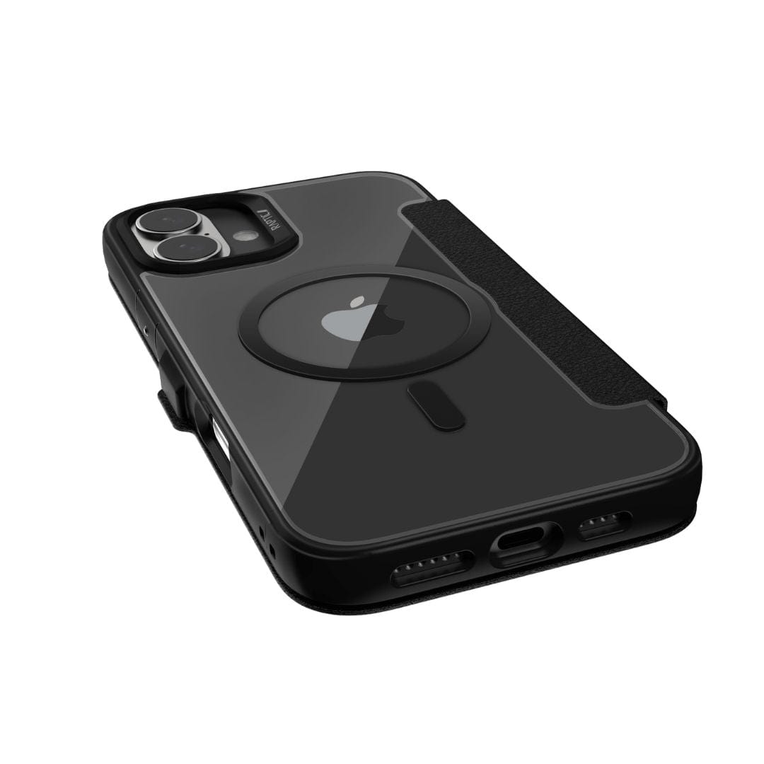 A sleek smartphone is encased in the Raptic MagSafe Urban Folio Case with Card Slot for iPhone 16. This black case boasts a reflective surface and features an Apple logo on the back, dual camera lenses in the top left corner, and a slot on the side. The bottom of the case has a charging port and speaker holes. Offering both style and functionality, it includes card slots and MagSafe compatibility.

