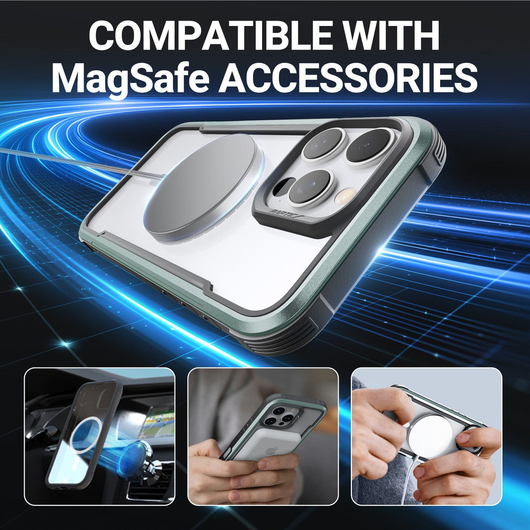 An image features a smartphone equipped with a MagSafe accessory. The text at the top reads, 'COMPATIBLE WITH MagSafe ACCESSORIES.' Below are three smaller images: one showing the phone mounted in a car, another depicting someone holding the Raptic Shield MagSafe Case for iPhone 16 in green, and the last capturing hands attaching a MagSafe charger.