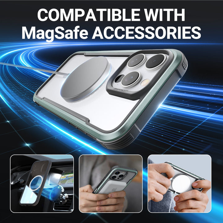 An image features a smartphone equipped with a MagSafe accessory. The text at the top reads, 'COMPATIBLE WITH MagSafe ACCESSORIES.' Below are three smaller images: one showing the phone mounted in a car, another depicting someone holding the Raptic Shield MagSafe Case for iPhone 16 in green, and the last capturing hands attaching a MagSafe charger.