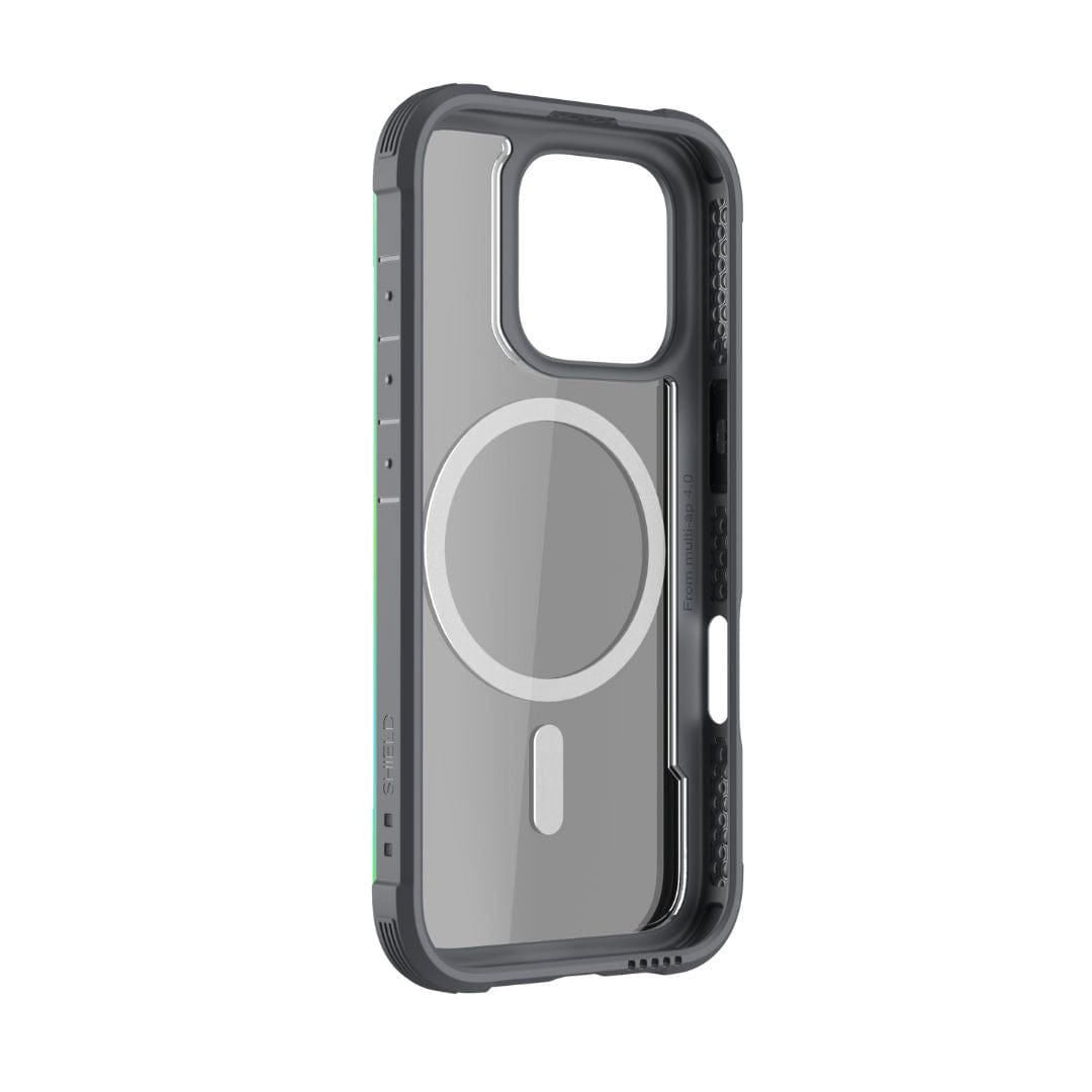 The Raptic Shield MagSafe Case for iPhone 16 Pro by Raptic features a transparent back panel, black edges, and a built-in MagSafe ring. It includes precise cutouts for the camera and buttons, textured grips on the sides, and robust drop protection. Additionally, it's wireless charging compatible and designed perfectly for modern smartphones.