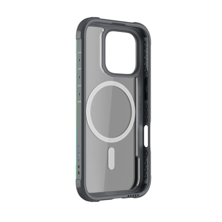 The Raptic Shield MagSafe Case for iPhone 16 Pro by Raptic features a transparent back panel, black edges, and a built-in MagSafe ring. It includes precise cutouts for the camera and buttons, textured grips on the sides, and robust drop protection. Additionally, it's wireless charging compatible and designed perfectly for modern smartphones.