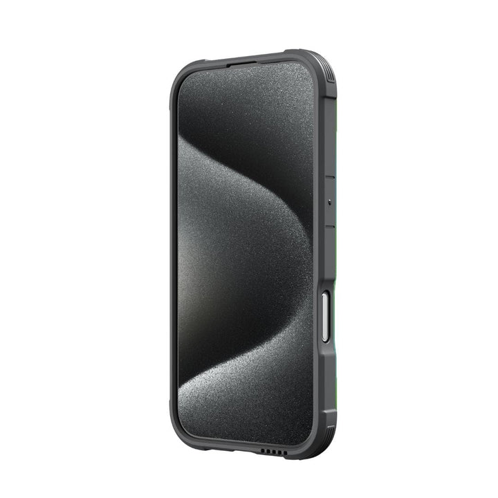 A rugged Raptic Shield MagSafe Case for the iPhone 16 Pro features a thick, durable frame and a glossy black screen showcasing a wavy pattern. This innovative case from Raptic offers drop protection with its reinforced corners, a prominently visible side button, and a textured surface designed for an easy grip. The front-facing camera and sensors are subtly embedded at the top of the screen.