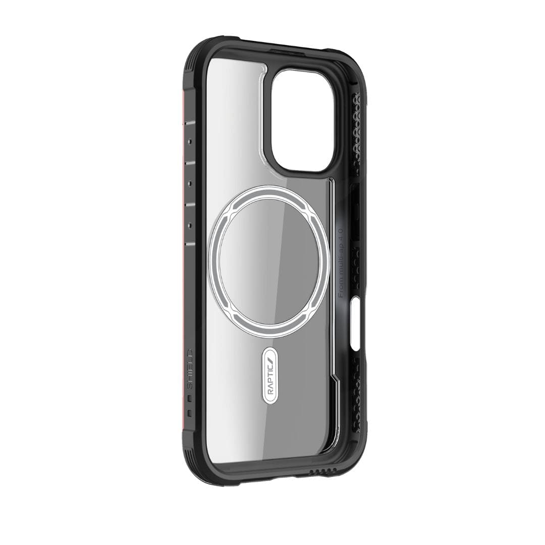 The Raptic Shield MagSafe Case for iPhone 16 Pro by Raptic features a transparent back panel that showcases the phone's design, while a black border frames its sleek appearance. This case includes reinforced corners for enhanced drop protection and raised edges around the camera cutout, ensuring both durability and style.