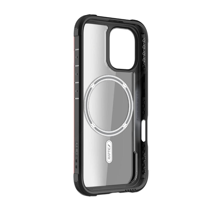 The Raptic Shield MagSafe Case for iPhone 16 Pro by Raptic features a transparent back panel that showcases the phone's design, while a black border frames its sleek appearance. This case includes reinforced corners for enhanced drop protection and raised edges around the camera cutout, ensuring both durability and style.