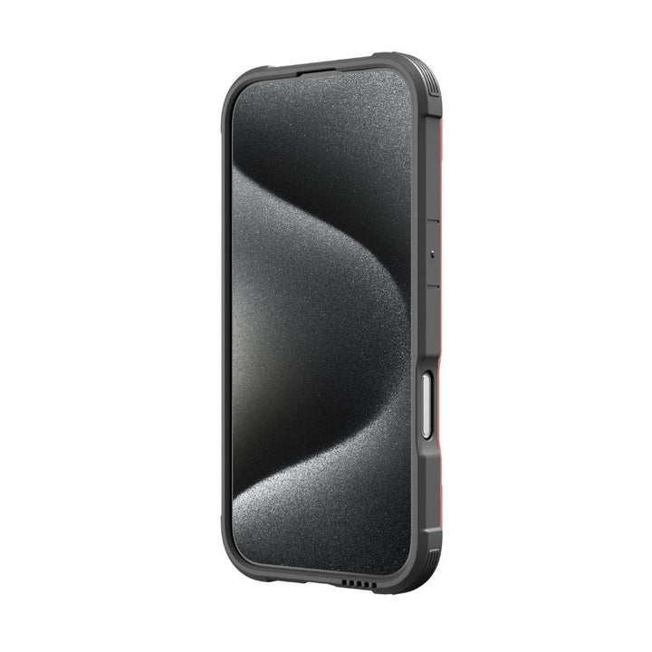 A smartphone with a rugged case featuring a textured, wave-like pattern on the screen. The dark-colored Raptic Shield MagSafe Case for iPhone 16 Pro offers drop protection with reinforced edges and includes buttons and ports on the sides and bottom. Displayed against a plain white background, it shows a partial front and side view.