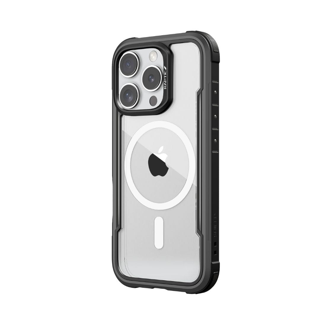 A clear and black rugged smartphone case, the Raptic Shield MagSafe Case for iPhone 16 Pro, is shown housing an iPhone. The case features a transparent back that reveals the Apple logo and MagSafe ring, and has reinforced edges for added drop protection. The camera cutout at the top left accommodates multiple lenses and flash.