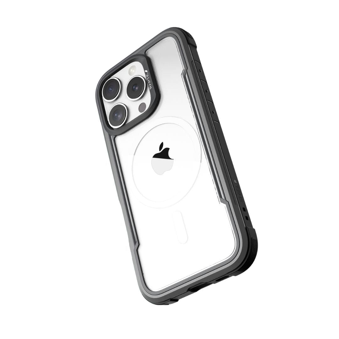 A clear Raptic Shield MagSafe Case for iPhone 16 Pro, featuring a black border and reinforced edges, is displayed. The Apple logo and the circular MagSafe ring, designed for optimal wireless charging compatibility, are visible on the back. It offers drop protection and includes cutouts for three camera lenses and a flash in the top left corner.