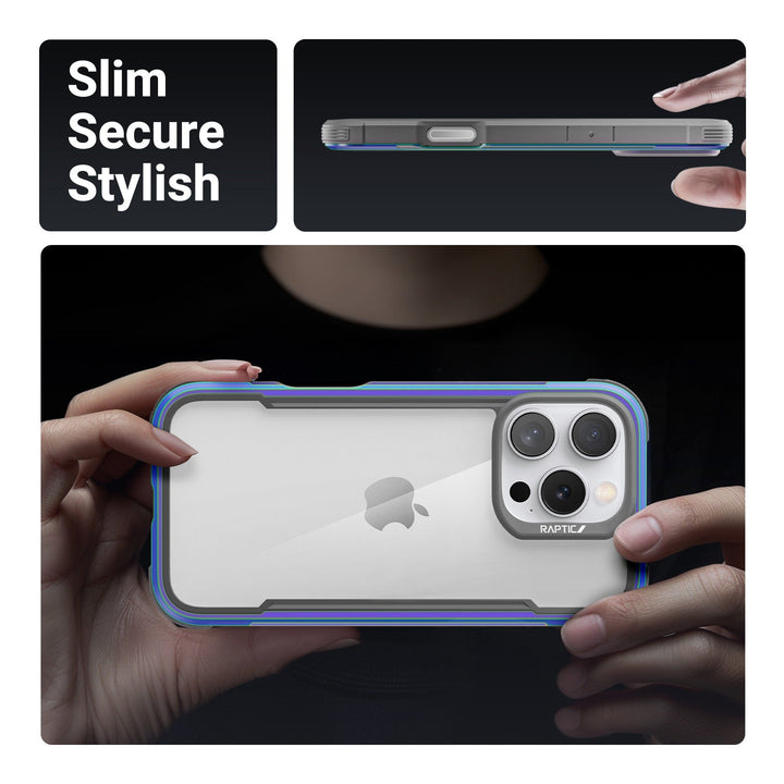 A person holds a Raptic Shield MagSafe Case for iPhone 16 Pro, featuring a clear design with blue edges. The iPhone's back and camera lenses are visible. The image above the hands showcases side views of the iPhone in its case, highlighting the slim fit and drop protection. Text at the top left reads "Slim, Secure, Stylish.