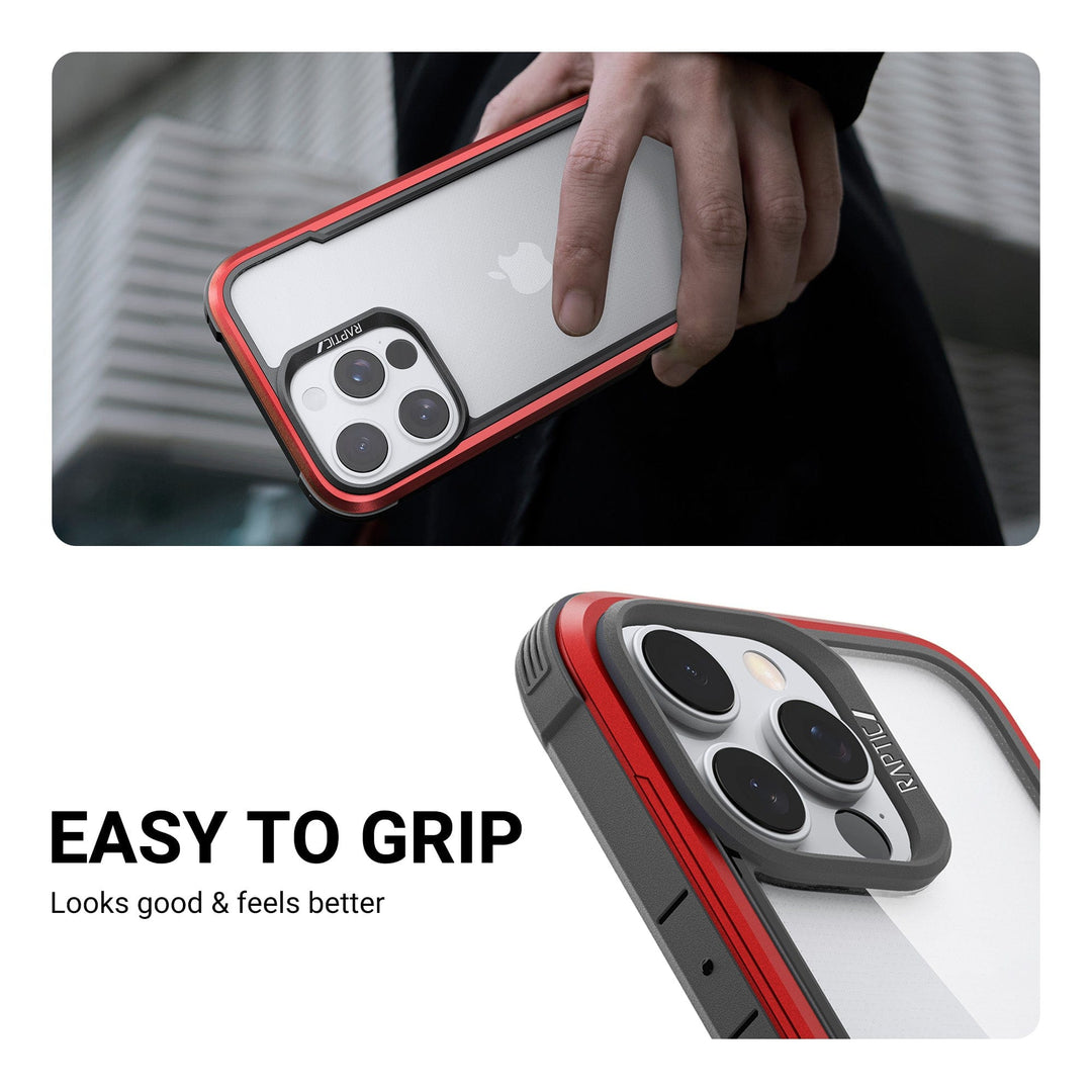 The image features a person holding the Raptic Shield MagSafe Case for iPhone 16 Pro, showcasing its red and black bumper design that enhances grip and provides drop protection. The scene is divided; the upper half displays the person's hand securely holding the phone, while the lower half offers a close-up of the case, highlighting its sleek and protective construction. Text reads, "EASY TO GRIP - Looks good & feels better.