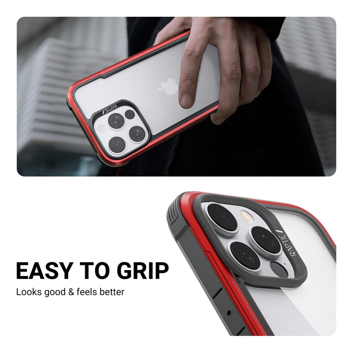 The image features a person holding the Raptic Shield MagSafe Case for iPhone 16 Pro, showcasing its red and black bumper design that enhances grip and provides drop protection. The scene is divided; the upper half displays the person's hand securely holding the phone, while the lower half offers a close-up of the case, highlighting its sleek and protective construction. Text reads, "EASY TO GRIP - Looks good & feels better.
