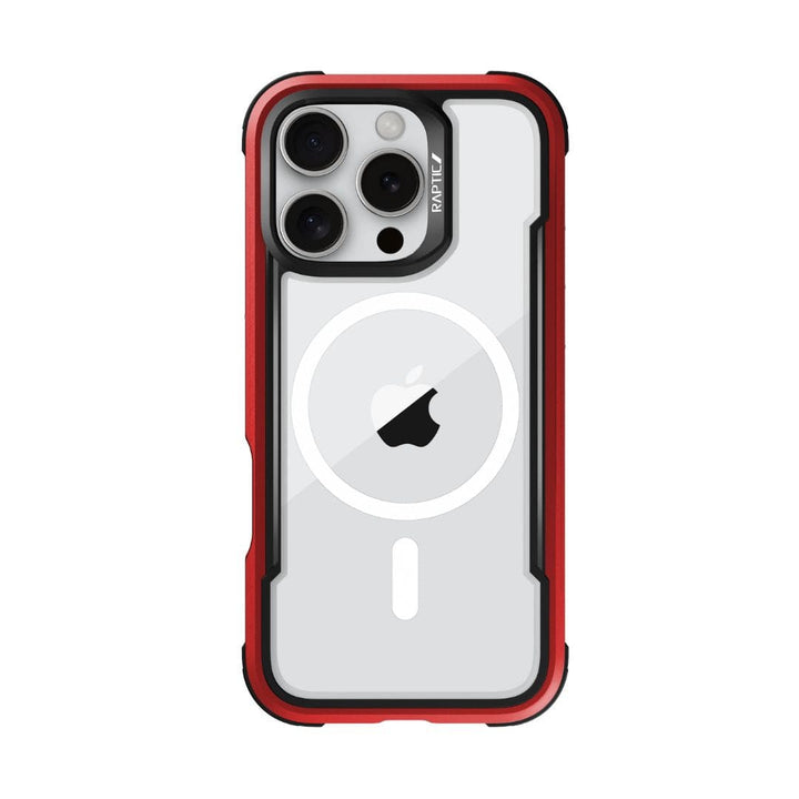The Raptic Shield MagSafe Case for iPhone 16 Pro is a black smartphone case with red accents and the word "Raptic" near the top right camera. It features a transparent window on the white back cover to showcase the Apple logo, offers drop protection, and has three camera lenses arranged in a triangular pattern.