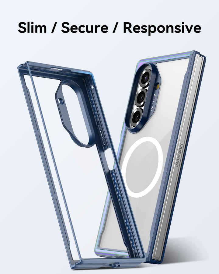 Two RAPTIC Samsung Galaxy Fold 7 - Raptic Shield Iridescent cases are shown front and back, with MagSafe rings, protective edges, and precise cutouts. Above them, bold text reads: “Slim / Secure / Responsive.”.