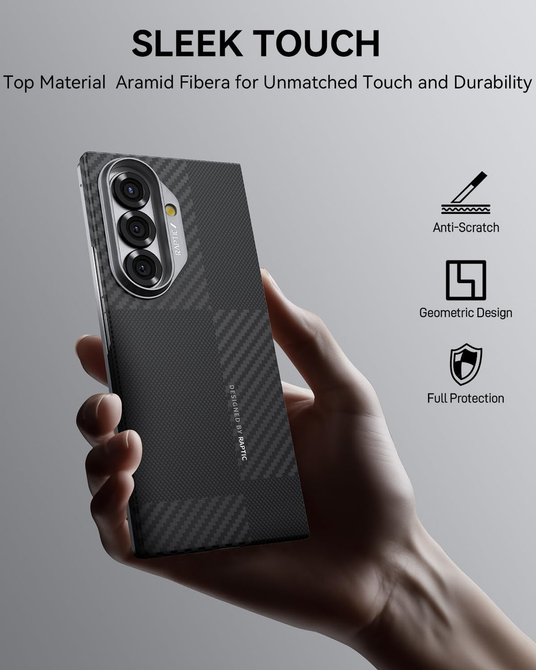 A hand holds the RAPTIC Samsung Galaxy Fold 7 Skin Case featuring a black, textured aramid fiber finish with a subtle geometric pattern. “Sleek Touch,” “Top Aramid Fiber for Unmatched Durability,” plus phone protection icons are shown.