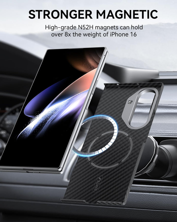 A Samsung Galaxy Fold 7 hovers above a car vent mount as the RAPTIC Aramid Fibre Skin Case with visible magnetic ring aligns. Text: “STRONGER MAGNETIC. High-grade N52H magnets hold over 8x the weight of Galaxy Fold 7.”.