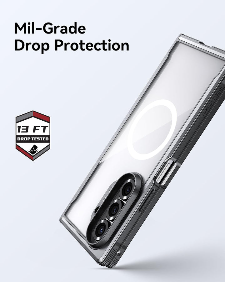 The RAPTIC Samsung Galaxy Fold 7 Raptic Shield Black case is shown in a clear, rugged design, angled to showcase reinforced edges and camera. “Mil-Grade Drop Protection” text appears with a shield graphic stating “13 FT Drop Tested.”.