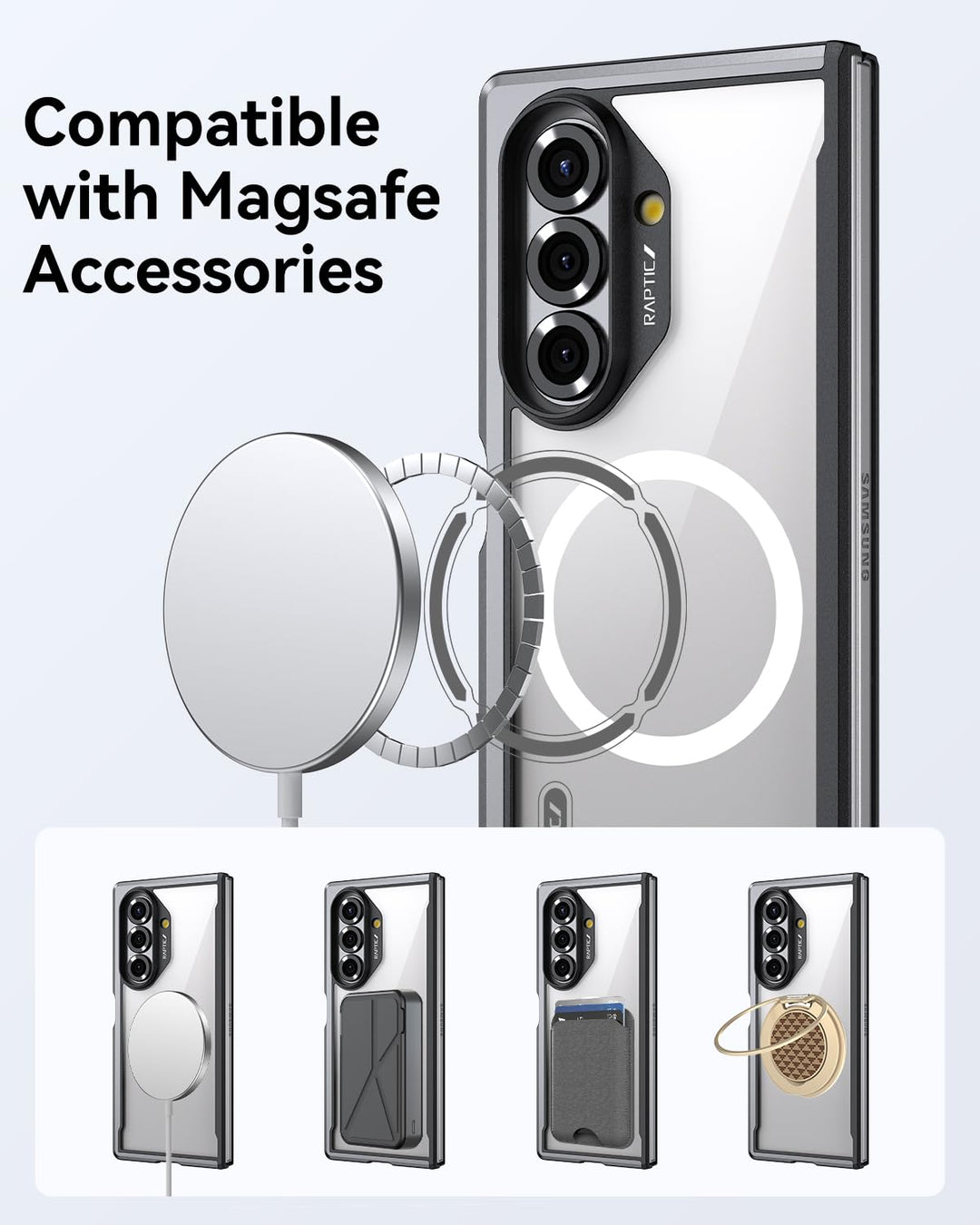 The RAPTIC Shield Black case for Samsung Galaxy Fold 7 showcases MagSafe compatibility, with a magnetic charger attached above and full protection below, demonstrating use with a charger, wallet, and ring holder.
