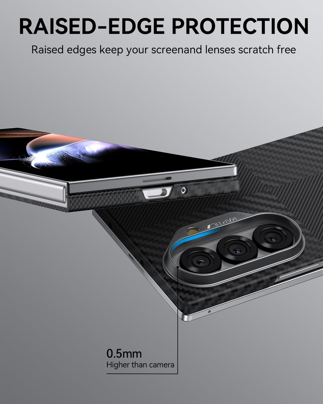 A close-up of the RAPTIC Samsung Galaxy Fold 7 Skin Case in aramid fibre showcases raised edges for premium screen and camera protection. Text reads “RAISED-EDGE PROTECTION” and “0.5mm higher than camera.”.