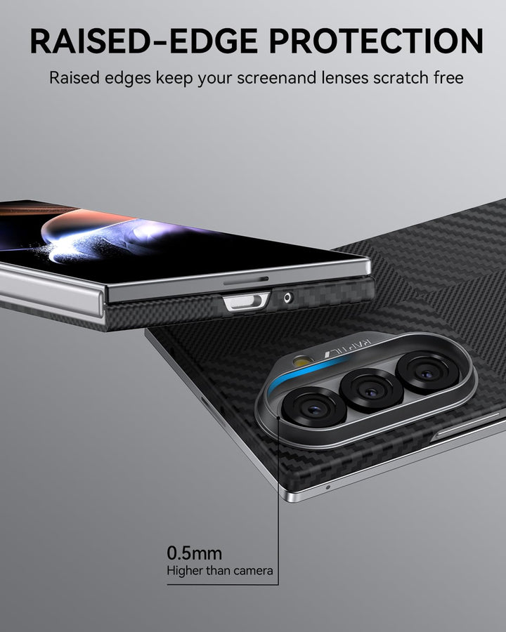 A close-up of the RAPTIC Samsung Galaxy Fold 7 Skin Case in aramid fibre showcases raised edges for premium screen and camera protection. Text reads “RAISED-EDGE PROTECTION” and “0.5mm higher than camera.”.