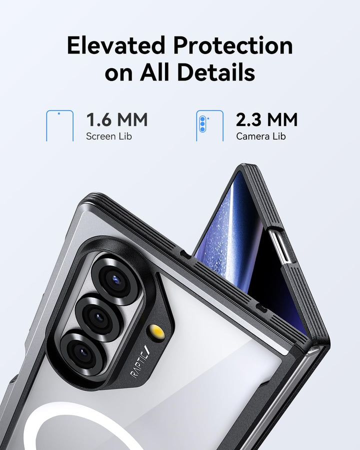 A close-up of the RAPTIC Shield Black case for Samsung Galaxy Fold 7 shows 2.3 mm raised camera and 1.6 mm screen edges for protection. "Elevated Protection on All Details" appears above, set against a light blue background with graphic icons.