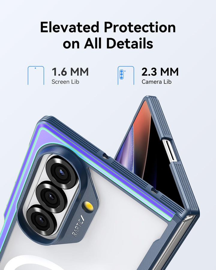 A close-up of the RAPTIC Samsung Galaxy Fold 7 - Raptic Shield Iridescent case in blue shows reinforced corners and elevated edges (2.3 mm camera, 1.6 mm screen) for total protection, with triple camera visible and text: “Elevated Protection on All Details.”.
