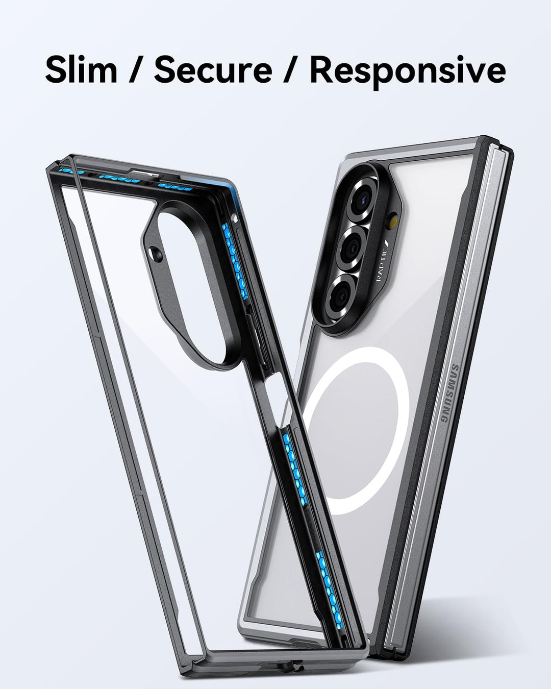 The RAPTIC Samsung Galaxy Fold 7 - Raptic Shield Black case is shown open, featuring black edges and blue interior. The MagSafe-compatible phone inside displays triple rear cameras and a MagSafe ring. Text above reads: “Slim / Secure / Responsive.”.