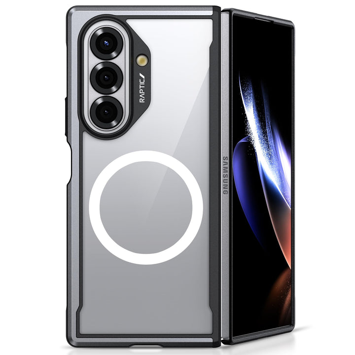 The RAPTIC Shield Black case for Samsung Galaxy Fold 7 offers total protection with black edges, a clear back, MagSafe compatibility, a large white circle, and space for three vertical rear cameras visible on the foldable smartphone.