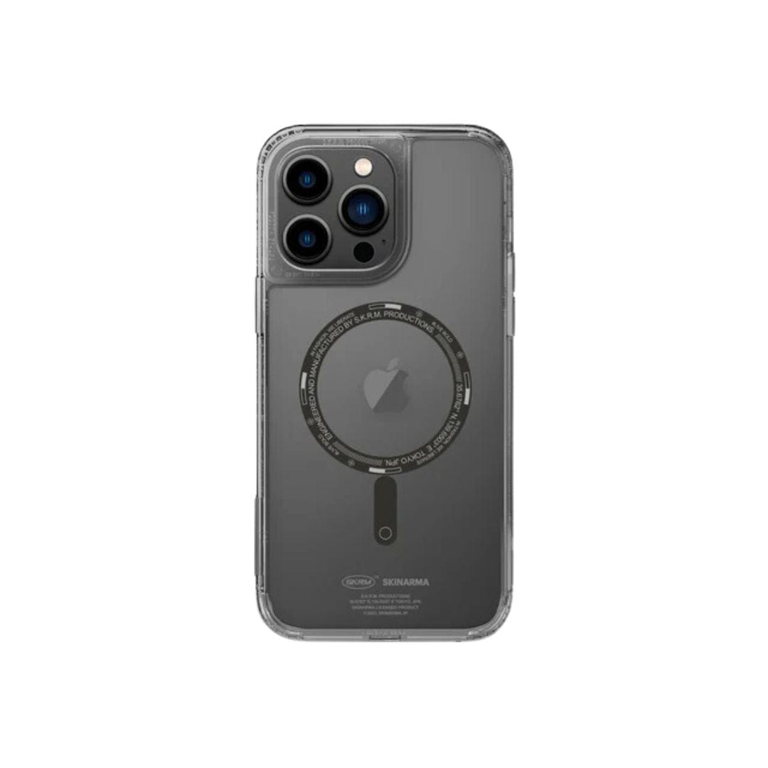 An iPhone 14 Pro Max with a gray back and three cameras is in a transparent, scratch-resistant SAIDO Case - Skinarma with design elements around the Apple logo, visible from the rear.