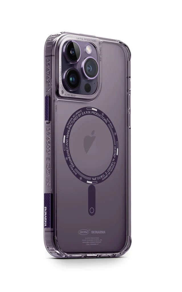 A silver iPhone 14 Pro Max SAIDO Case - Skinarma, featuring 360 full protection and displaying the Apple logo and a circular magnet design on the back for seamless magnetic charging.