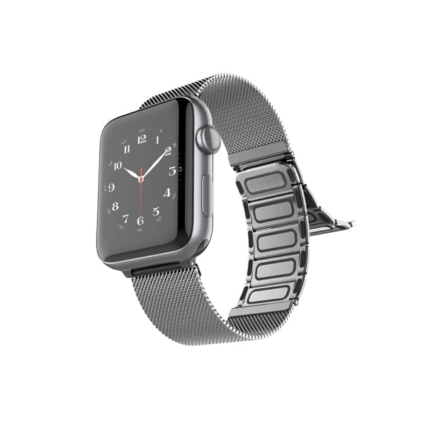 The Raptic Classic Apple Watch Band for Series 11, 10, 9, 8, 7, and SE features a sleek stainless steel mesh with magnetic closure; shown on a modern smartwatch with black rectangular face and analog clock against a white background.